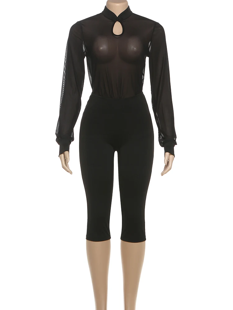 Kliou Female Club Party Style 2 Piece Set Woman Mesh See Through Button Hollow Tops+Skinny Shorts Hot Girls Sexy Fashion Outfits