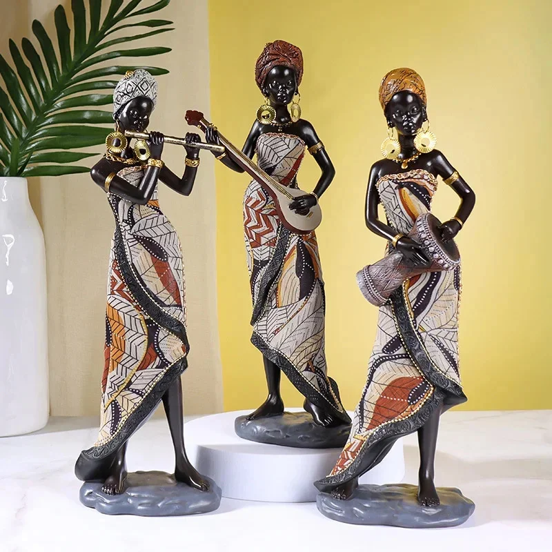 African Tribal Black Women Art Sculpture Retro Exotic Style Nation Music Ethnic Drum Art Resin Crafts Home Elegant Decoration