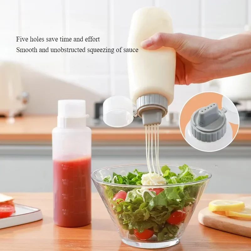 5-Hole Refillable Plastic Condiment Squeeze Bottles with Lid Dispenser for Ketchup Salad Dressing Olive Oil Suitable for Kitchen