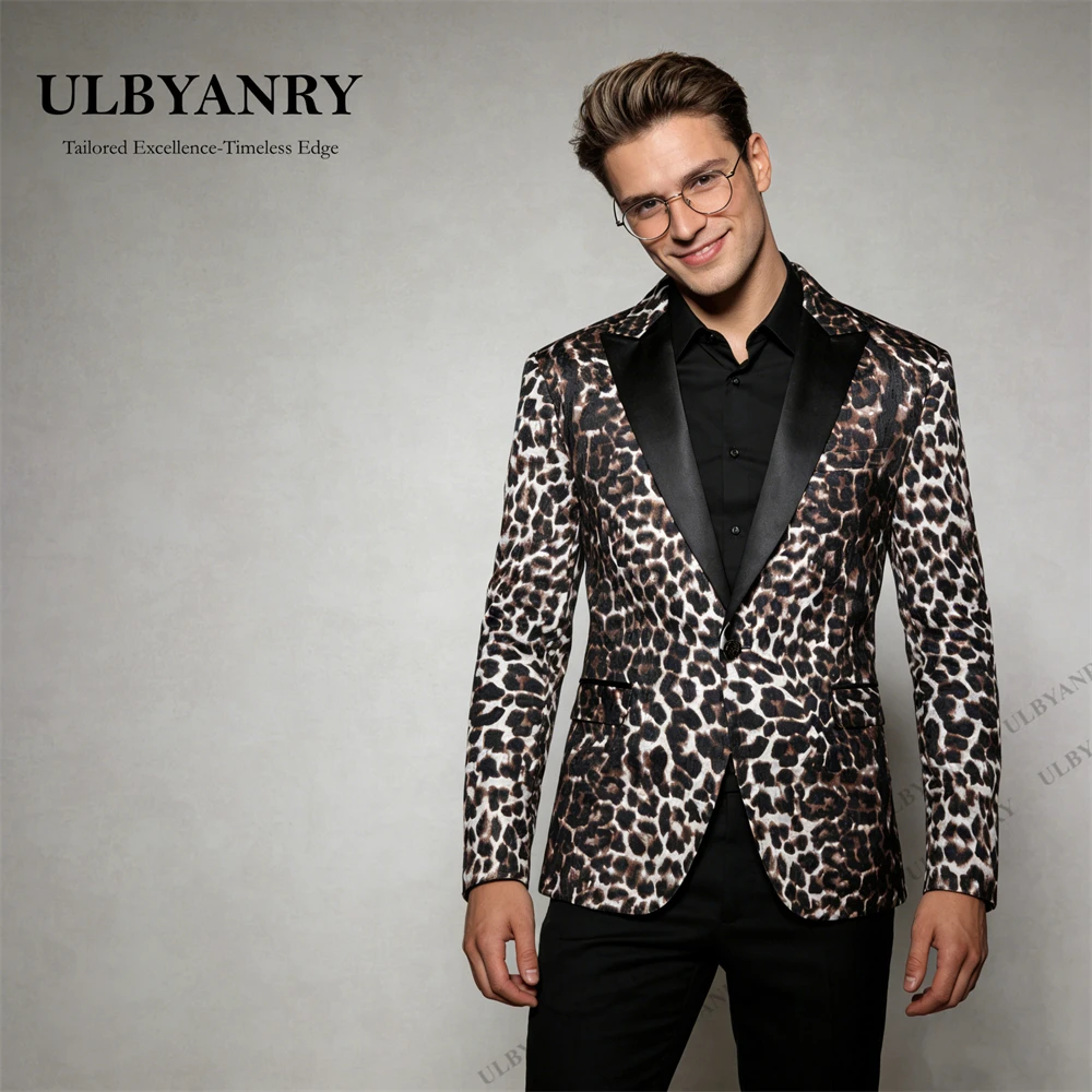 Fashion Men’s Wild Leopard Pattern Suit Jacket, Satin Collar Single - Button Blazer for Date Gala Performance Gathering Wedding