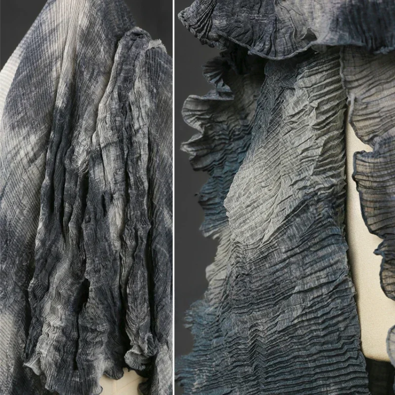 Tie Dye Texture Black Gray Pleated and Pressed Fabric  Slightly Transparent Toothpick Cardigan  Dress Clothing Design Fabric