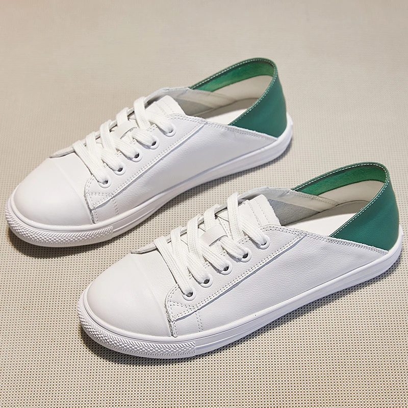 Two Ways Wear Contrast Green Heel Genuine Leather White Sneakers For Women 2026 Summer New Fold Down Collapsible Heel Lace Up - view 4
