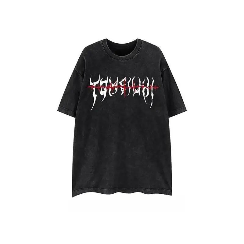 

"Gothic Lettering Washed T-Shirt Grunge Graphic Tee Oversized Streetwear Women's Punk Rock Tops"