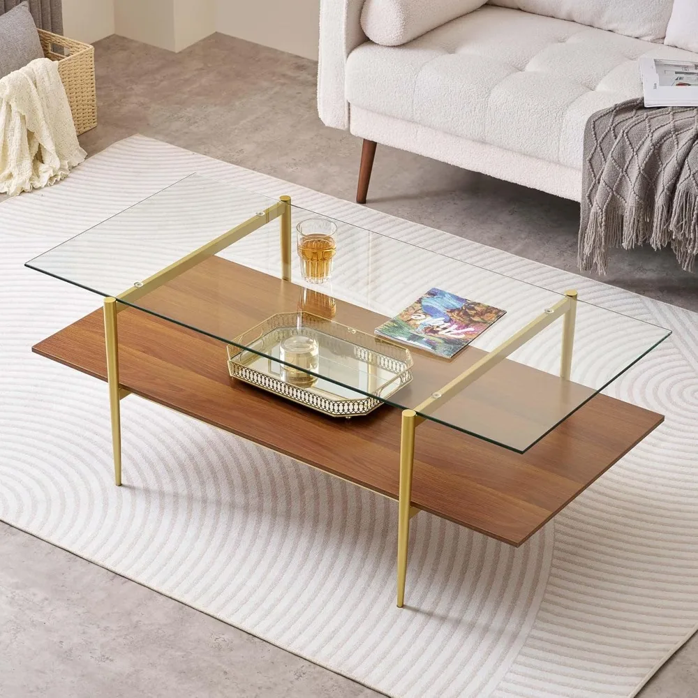 

x-large rectangle glass coffee table, mid-century modern design, for living room, l47 x w24 x h17 inch, clear glass top and waln