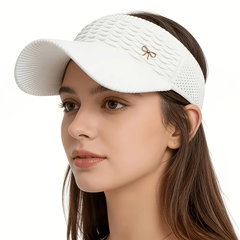Breathable Open Top Visor Cap for Women Polyester Knitted Sun Hat with Curved Brim Bow Accent for Tennis Cycling Hiking Sports