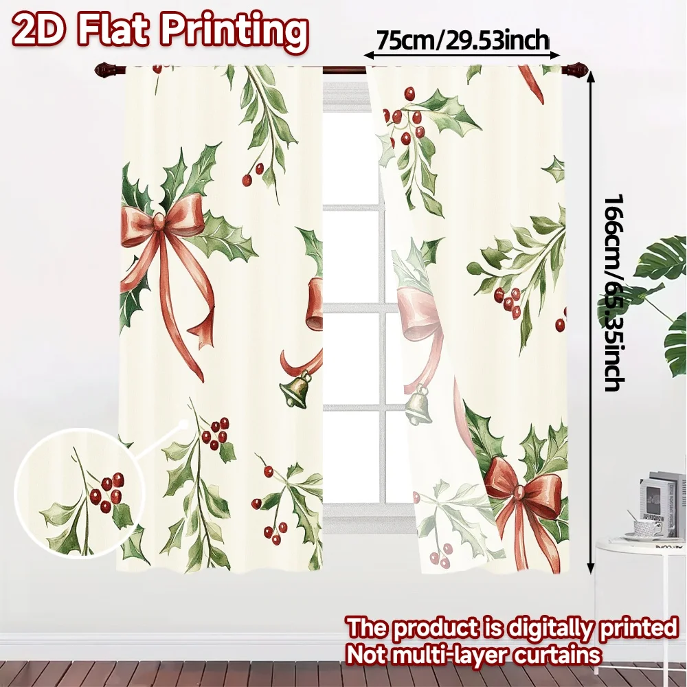 2pcs,Curtains Christmas Bell Holly Ribbon (2) Minimalist Chic Curtains Durable 100% Polyester Fabric Curtains Outdoor