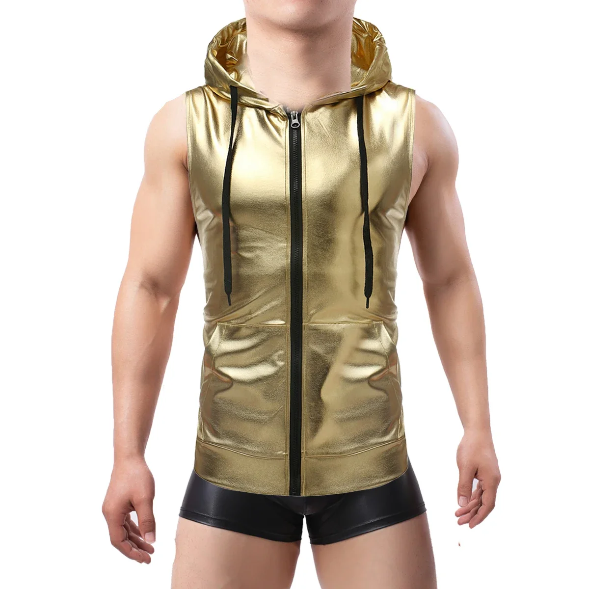 Men Metallic Sleeveless Hooded T-shirt Slim Shirt Men Tops PU Leather Boxer Shorts NightClub Wear Stage Costume Men Clothing Set