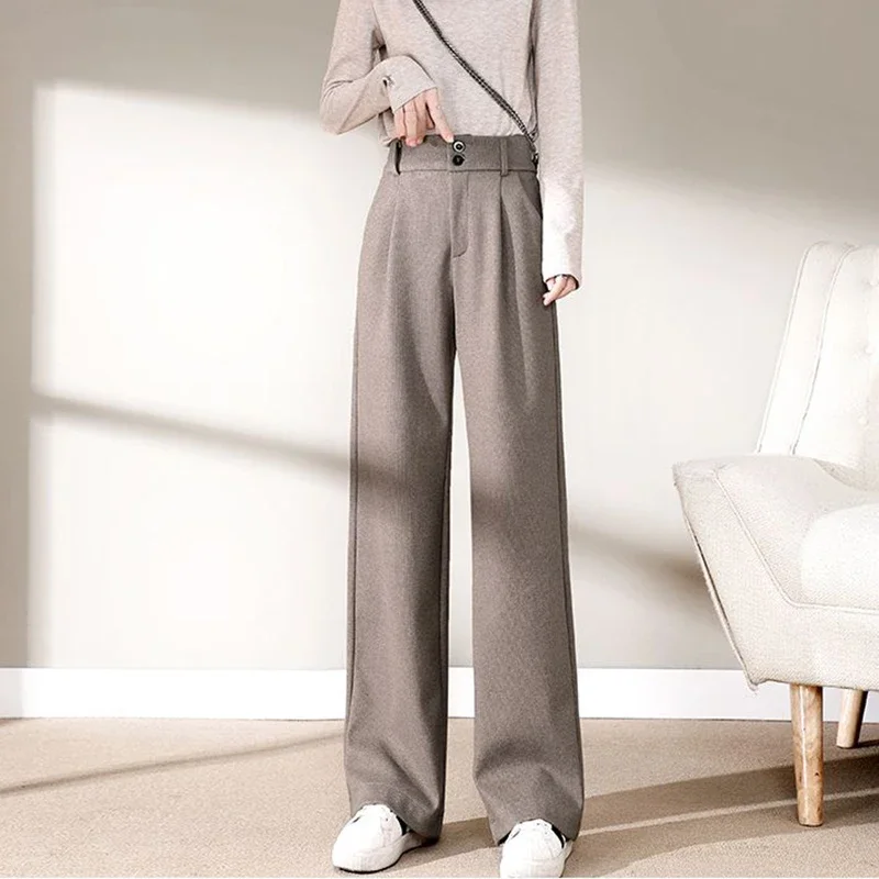 Autumn Winter Female Classic Casual Thicken Pants Girls Straight Leg Trousers Lady Solid Elegant High Waist Pants with Pockets