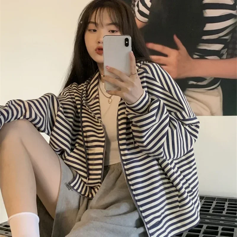 Striped Long Sleeve Zipper Women's Hooded Sweatshirts Korean Fashion Female Hoodies Autumn Winter Casual Loose Streetwear Y2K
