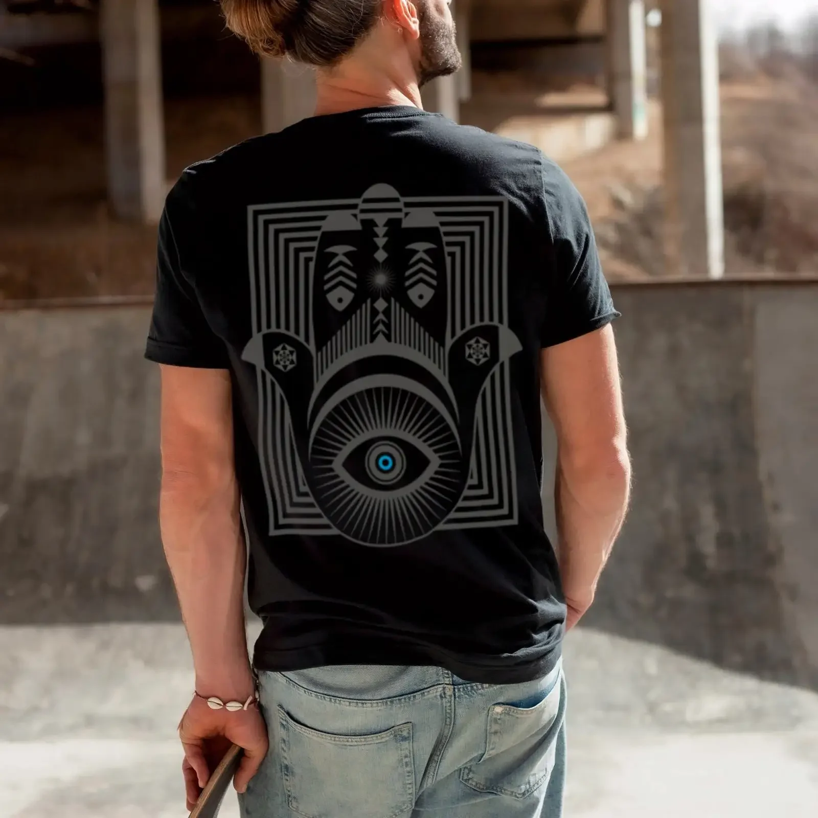 Hamsa Hand Back Print T Shirt Evil Eye Protection Talisman vintage Washed streetwear homme Stylish fashion Stretched graphic