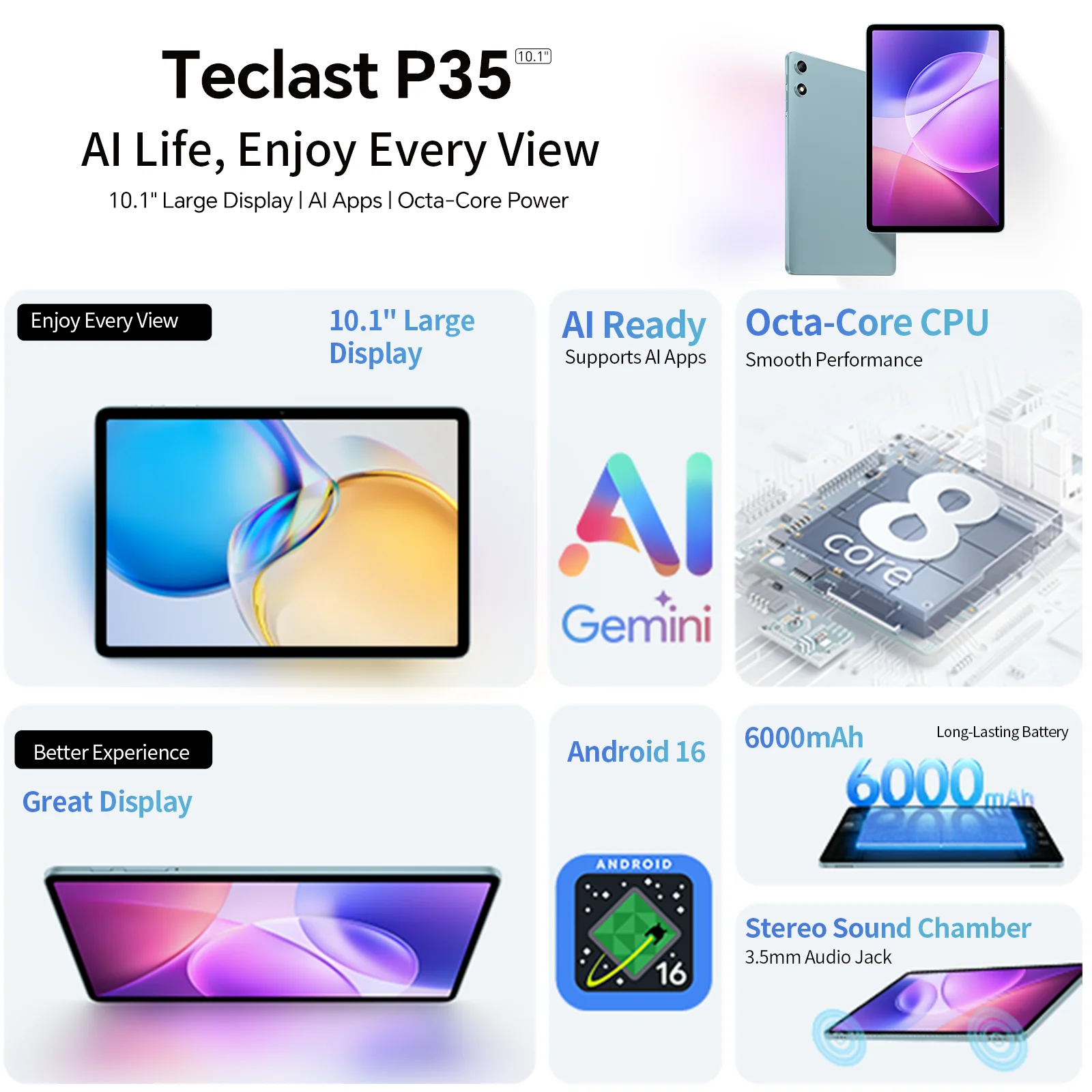 Teclast P35 Tablet 10.1 Inch Android 16 Gemini AI 3GB+32GB Octa Core Widevine L1 Netflix 6000mAh WiFi 5 BT 5.0 Dual Speakers