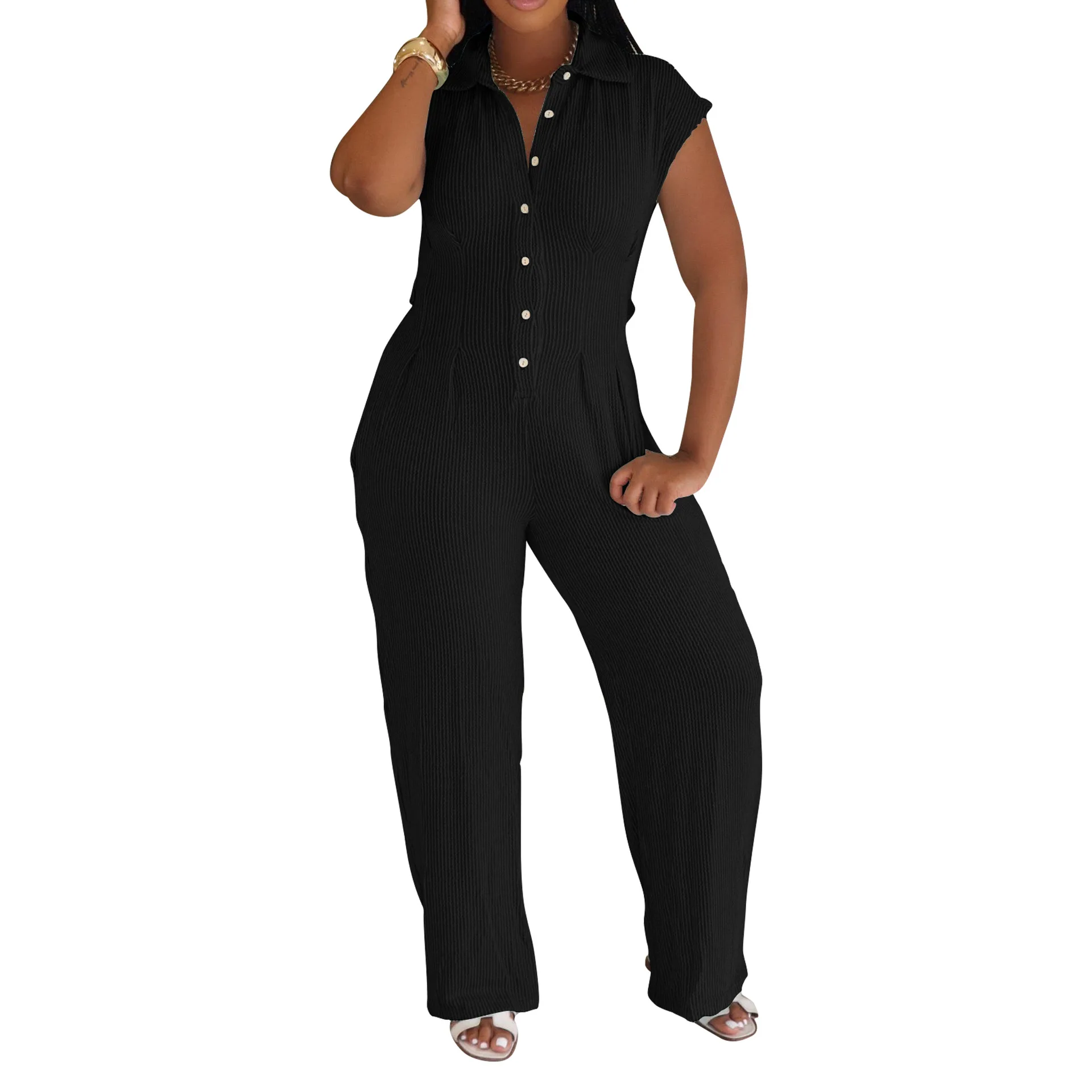 

Полосатый комбинезон с воротником, без рукавов, приталенный, с прямыми штанинами, летний, повседневный, элегантный, цельный.