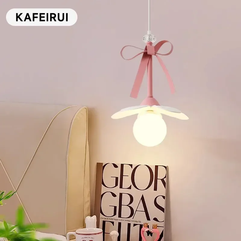 Romatic Princess Room Girl LED Pendant Lamp For Bedroom Lighting Ceramic Glass Sconces Pink Bowknot Ceiling Suspended Light
