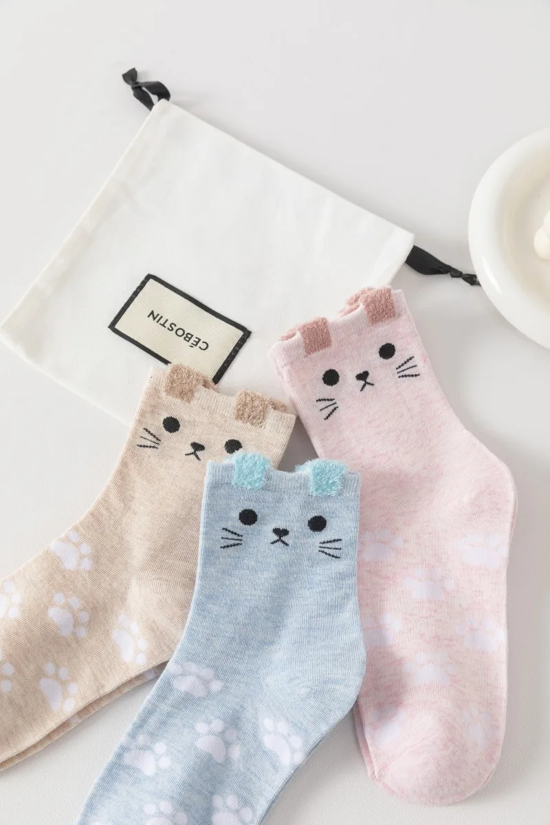 Cute Cat Face Crew Socks for Women, Kawaii Cat Paw Print Soft Cotton Socks, 3D Plush Ear Casual Cozy Ankle Socks for Daily Home