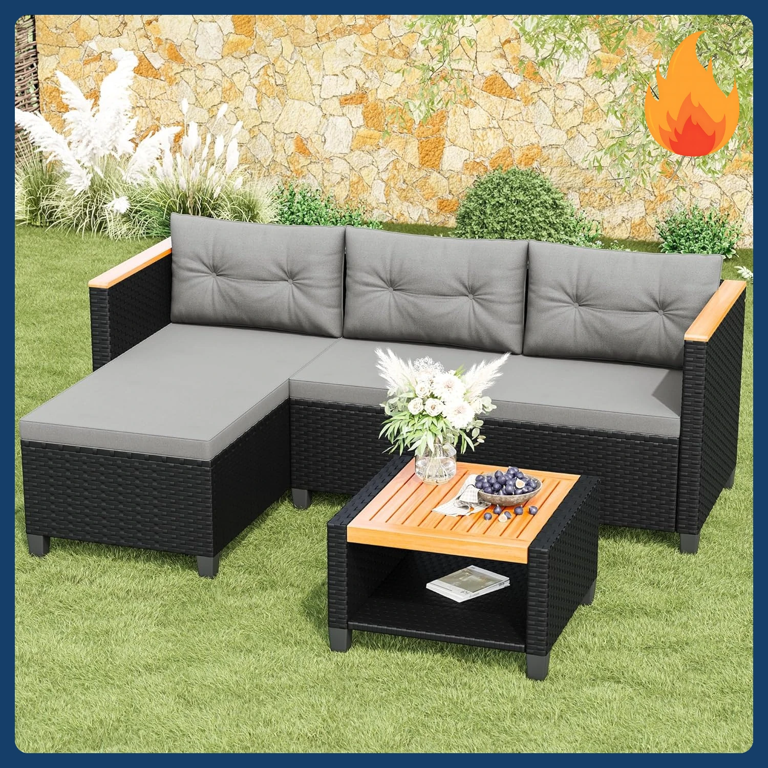 [New Arrival!]3-Piece Outdoor Patio Furniture Set, All-Weather PE Rattan Patio Sofa with Storage Table, L Shaped Outdoor Couch w