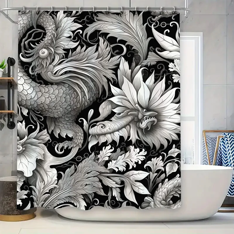 

Vintage Floral Dragon Shower CurtainLarge Size Printed Fabric Decorative Waterproof Bath Mat Set for Home Bathroom (Black/White)
