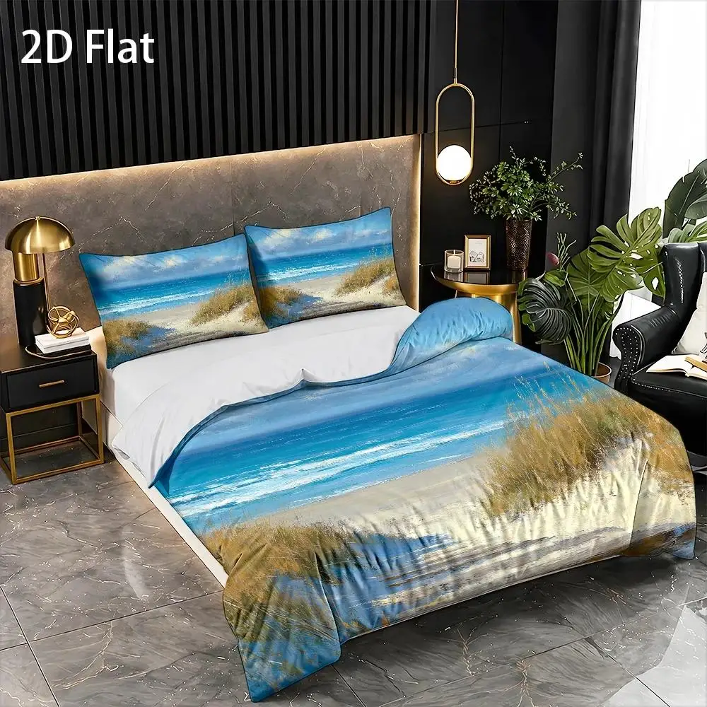 Zippered Duvet Cover Set, Flat Print Duvet Cover Three-Piece Set, Beach Path Oil Painting, Romantic Beach Style, Summer, Beach Bedding Three-Piece Set, Three-Piece Bed Set (1*Duvet Cover + 2*Pillowcases), Suitable for All Seasons, Machine Washable, Invisible Zipper Design, Large Double Bed Cover Set, Suitable for Home, Dormitory, Master Bedroom, Guest Room, Bedroom Decorative Bedding, Hot-Selling Fantasy Style Duvet Cover Three-Piece Set