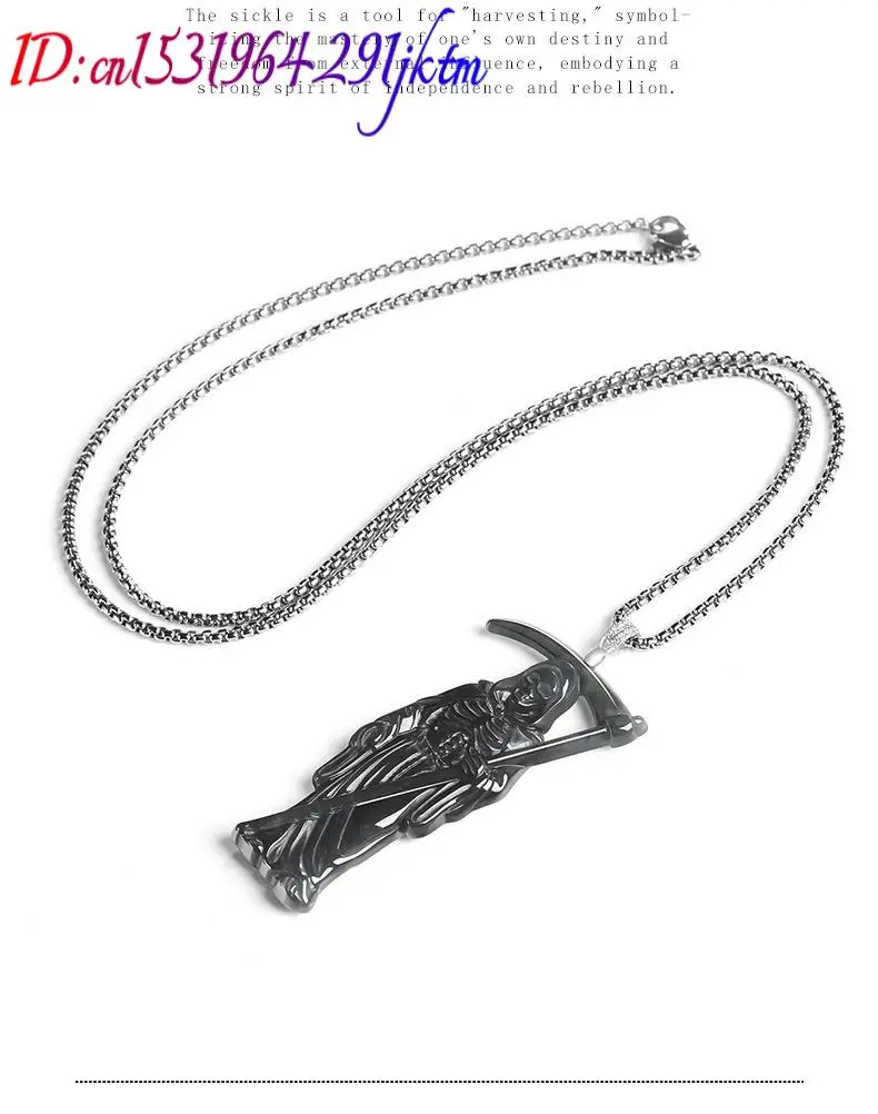 Burmese Jadeite Grim Reaper Pendant Necklace Gemstone Luxury 925 Silver Talismans Vintage Designer Real Jade Gifts for Women - view 5