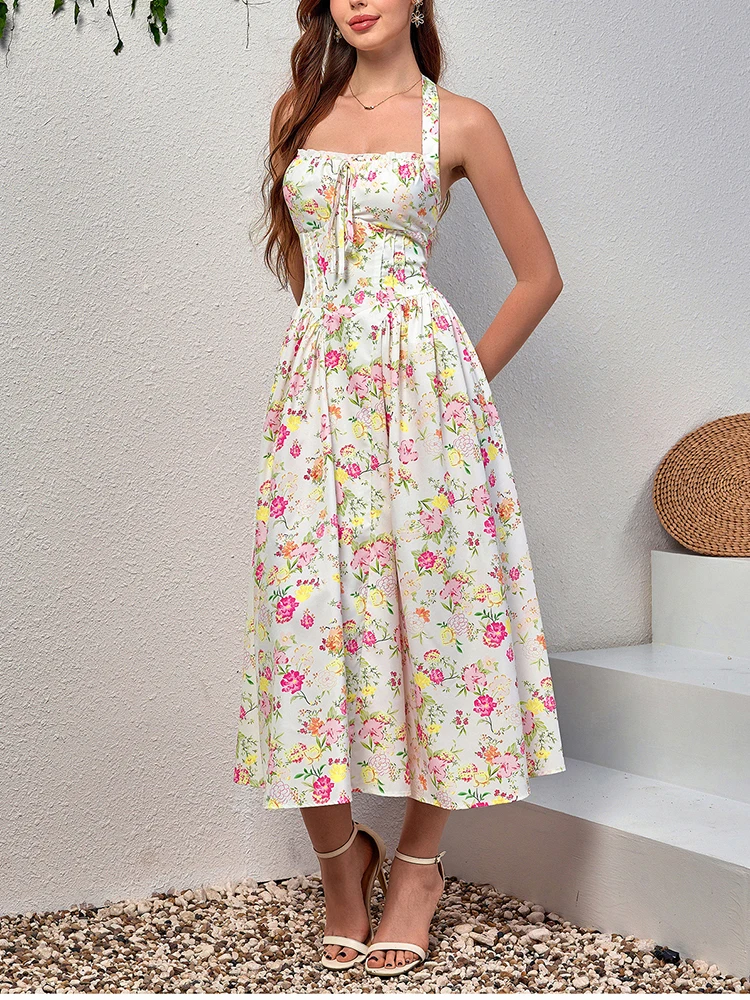 NewAsia Damen Neckholder, rückenfrei, bedruckt, Blumenmuster, Midi-Korsettkleid, Spaghettiträger, zum Binden, modisch, lässig, Urlaub, lange Kleider, Rosa – Detail 15