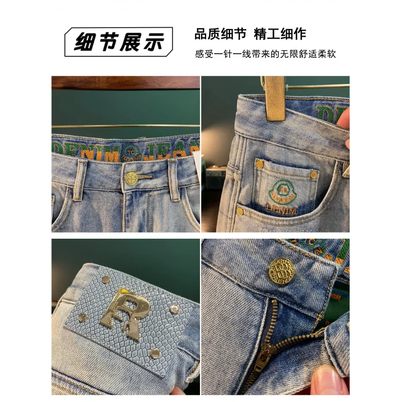 メンズリップドデニムショーツ、夏用薄手、おしゃれ、カジュアル、かっこいい、ウォッシュドライトブルー、スリムフィット、ミドル丈パンツ