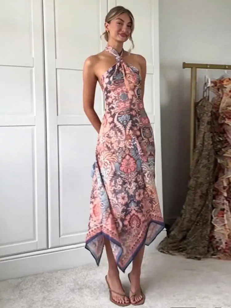 Damen-Abendkleider mit Neckholder, bedruckt, tailliert, unregelmäßiger Saum, langes Kleid, charmantes, ärmelloses, rückenfreies, schmales Kleid für Damen – Detail 7