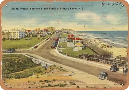 Metal Sign - New Jersey Postcard - Ocean Avenue, boardwalk and beach at Bradley