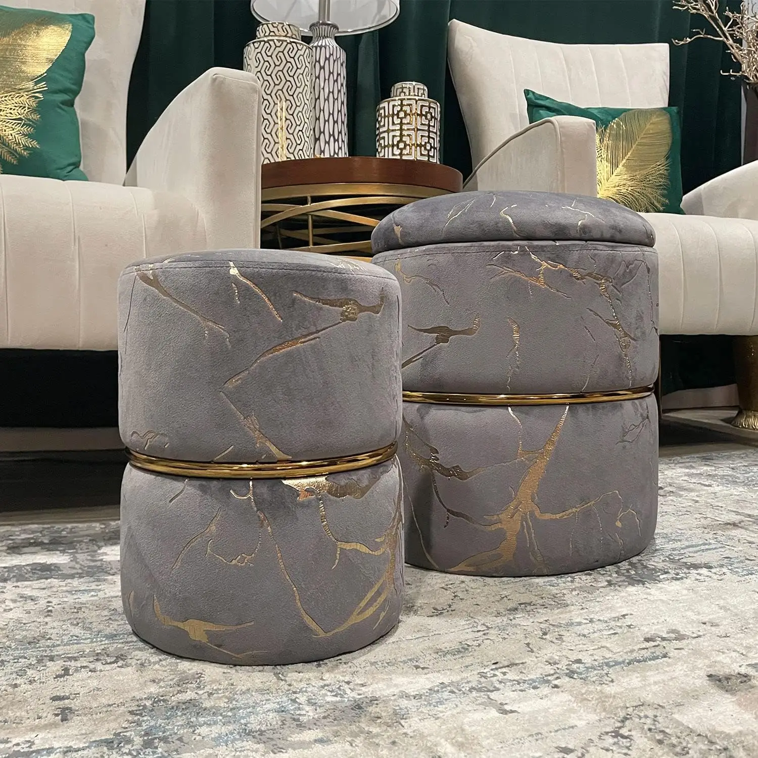 

Furnimart Round Velvet Storage Ottoman,Vanity Stool Chair,Upholstered Foot Rest Stool With Gold Plating Band For Living Room Or