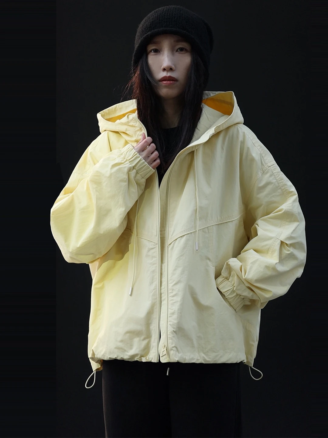 

Casual Lazy Sle ort Length Jaet Yellow Color Women's Loose Fit Zipper Sport Coat Windbreaker Casual Sle Outerwear