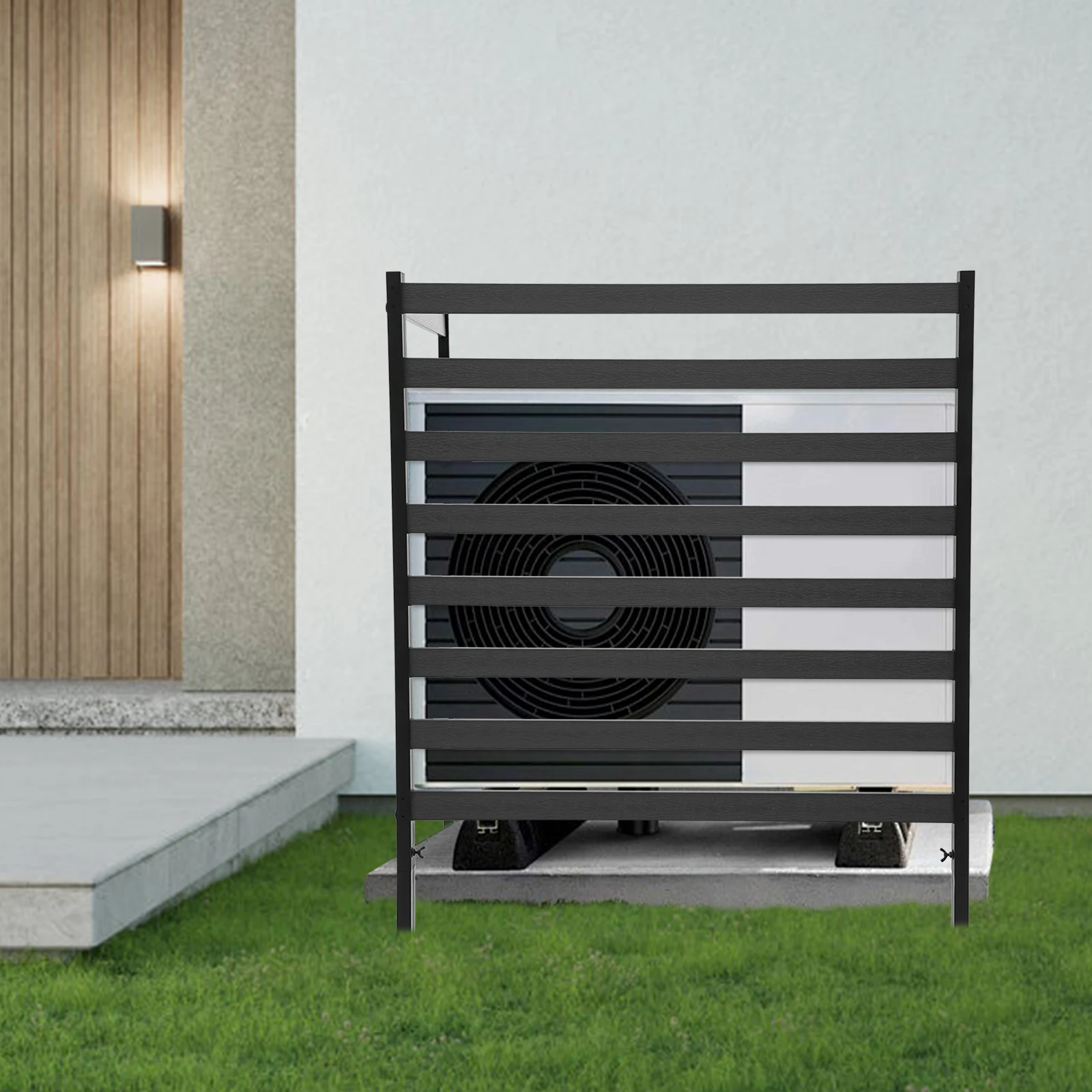 2 Panel Outdoor Air Conditioner Privacy Fence, Steel Pipe & Plastic-Wood AC Unit Screen, Windproof Slat Garden Enclosure With Ground Stakes For Trash Can, Pool Equipment Hideaway, Black 98.5×130cm