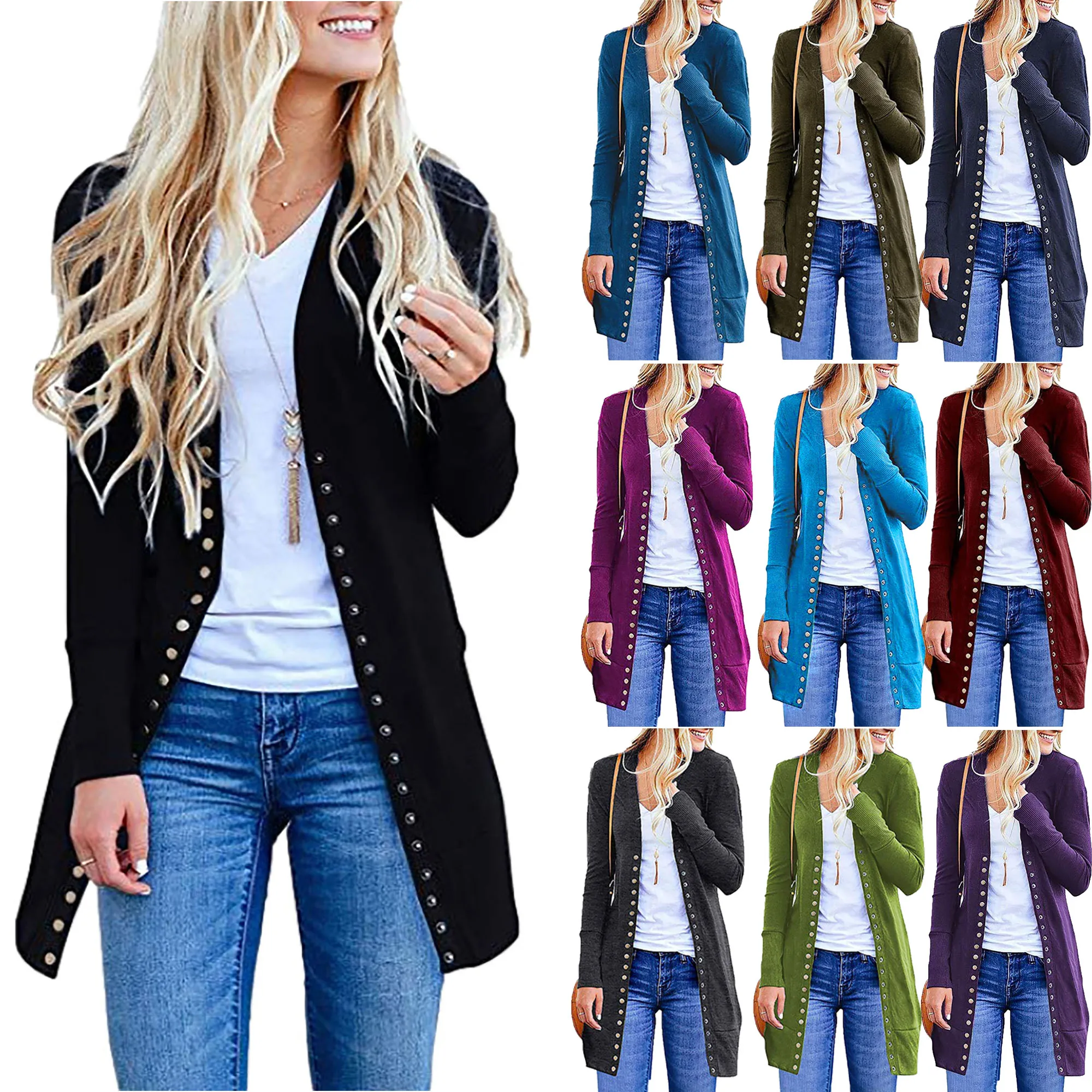 2024 Autumn New European and American Large Women's Fashion Mid length Button Solid Color Cardigan Coat