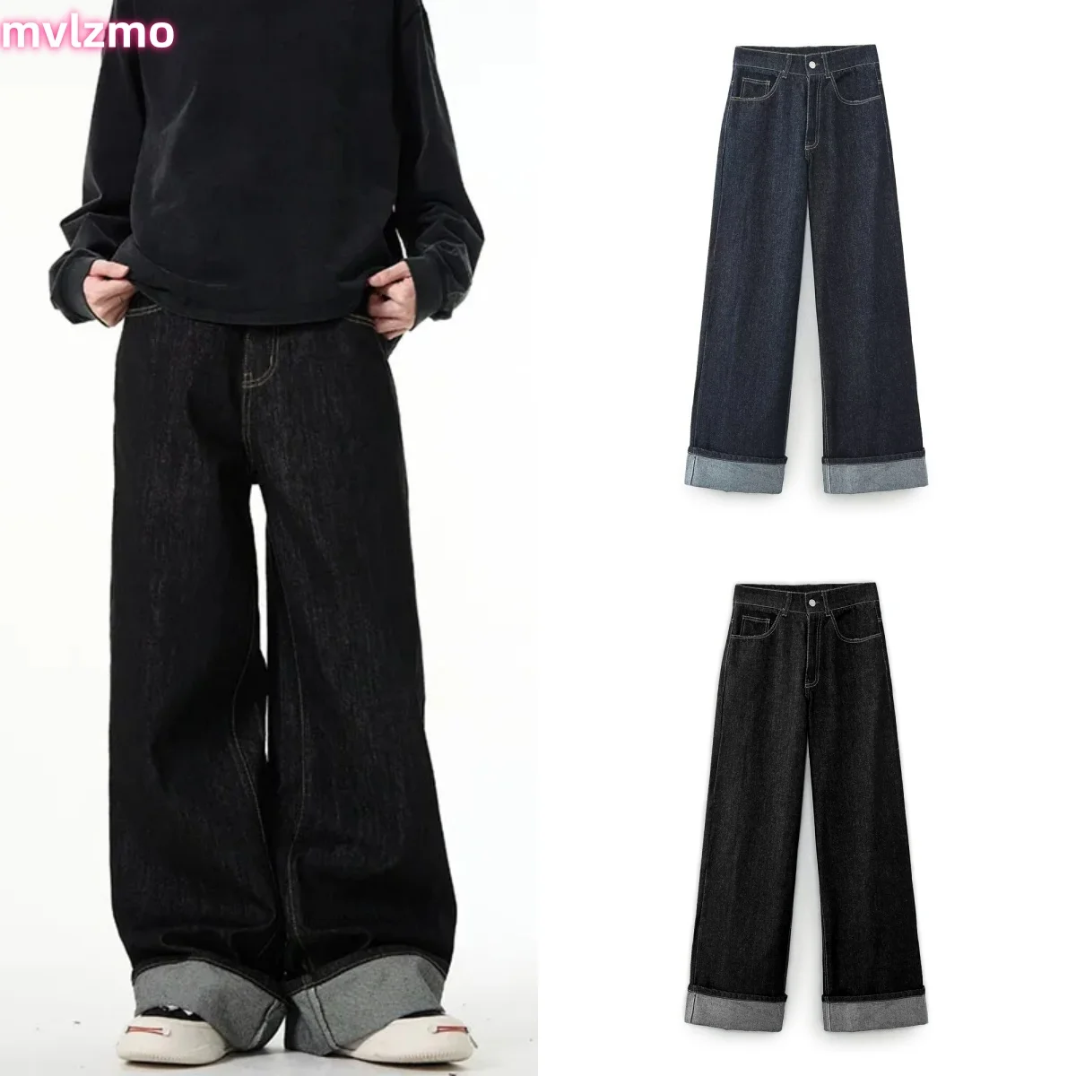 

Women's New High-Waisted Jeans Slim High-Waisted Trailing Trousers Rolled Leg Loose Jeans Fashion Casual Wide-Leg Jeans