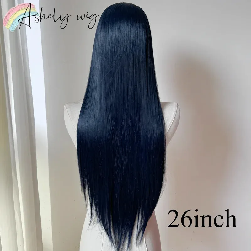 Peluca azul larga recta 13x4 pelucas de encaje sin pegamento azul oscuro para mujer pelucas frontales de encaje sintético de pelo de fibra Natural resistente al calor