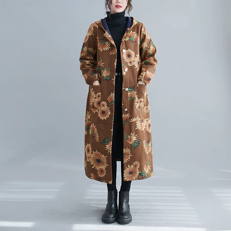 Trench-Coat épais pour femme, manteau à capuche, poches à simple boutonnage, imprimé à la mode, Vintage, Long, vêtements d'extérieur, collection automne hiver 2022