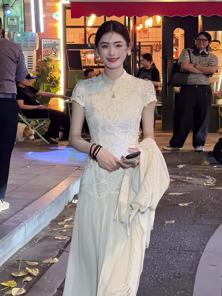 

New Chinese Style Heavy Embroidery Lace Patchwork Sleeve Slim Vest Dress Women Summer New V-neck A-line Midi Skirt Dress