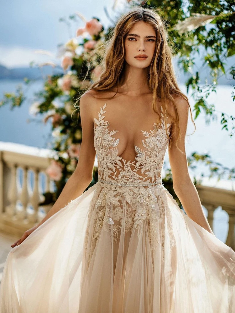 Sexy Sheer o-collo Boho abiti da sposa Appliques pizzo a-line Bohemian Beach abito da sposa senza maniche Backless vestidos de novia