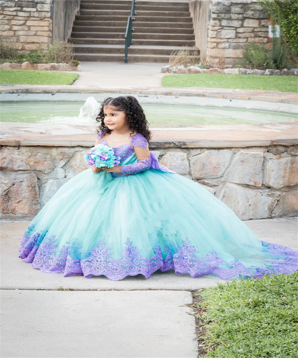 Bonitos vestidos de flores con apliques de lavanda para niña, tul esponjoso con lazo, desfile de cumpleaños, primera comunión, banquete de boda, desfile de belleza