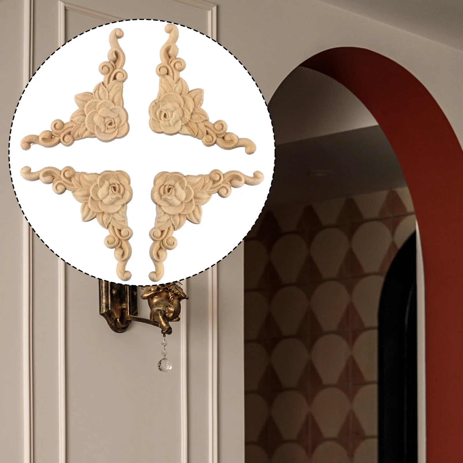 4pcs Wooden Carved Corner Natural Floral Wooden Figurines Crafts Onlay Applique Wall Door Furniture Woodcarving Decal Decor