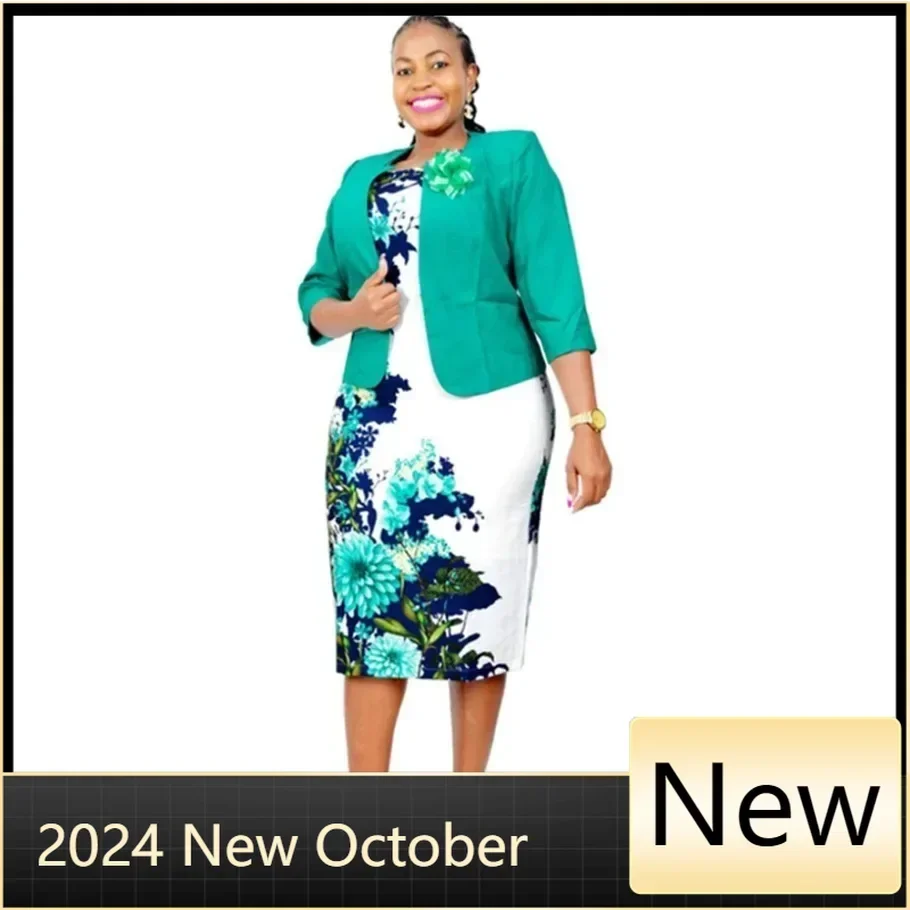 2024 New Hot Sale African Style Plus Size Solid Color Coat Without Corsage And Print Dress Suits Two Piece Set For Women