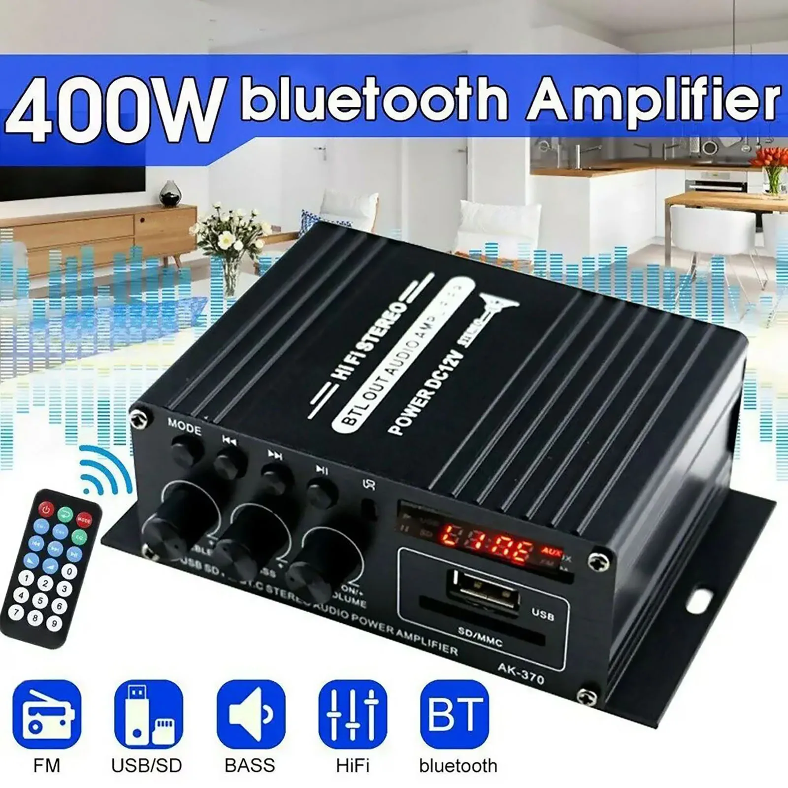 AK370 Mini Bluetooth Power Amplifier 2CH 20W+20W HiFi Stereo Bass FM Radio USB SD AUX Input DC 12V for Car Home Theater