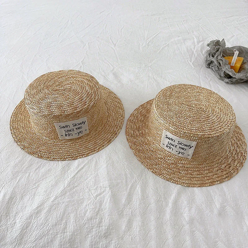 Summer Kids Straw Hat With Label Korea Style Wheat Straw Top Hat Boys Girls Sun Visor Hat Sunscreen Holiday Child Beach Hat