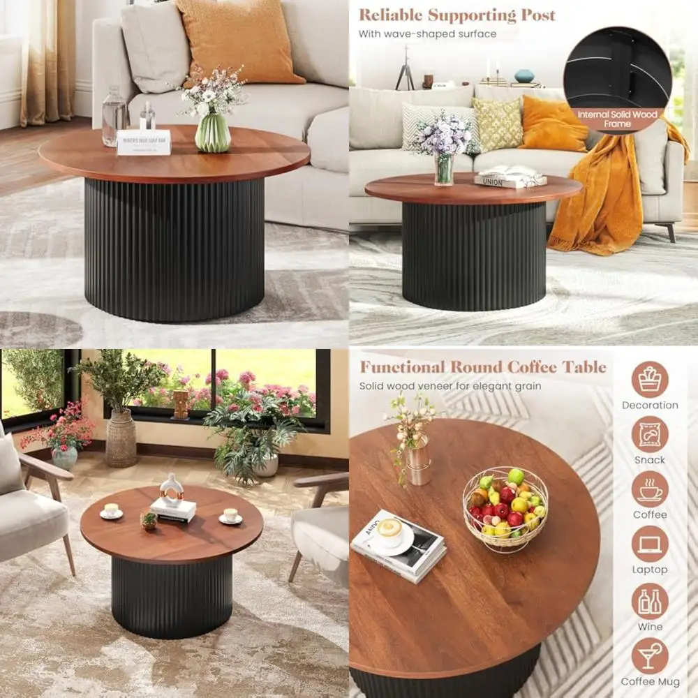 

Round Wooden Accent Coffee Table with Solid Veneer and Fluted Design, Mid Century Modern Style