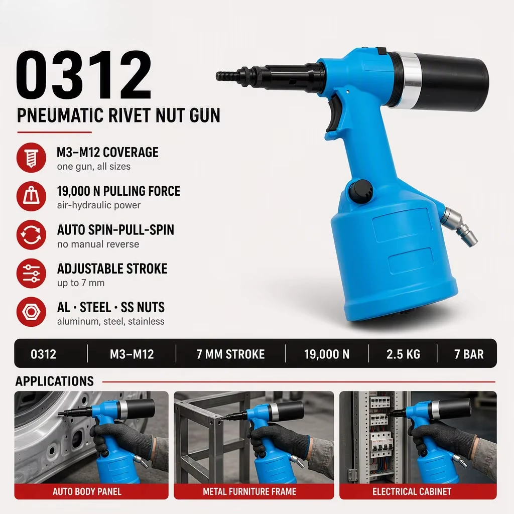 Aluminum Pneumatic Rivet Nut Gun Hydraulic Air Riveter Metal Sheet Pipe Fastening Industrial Nutsert Tool CE