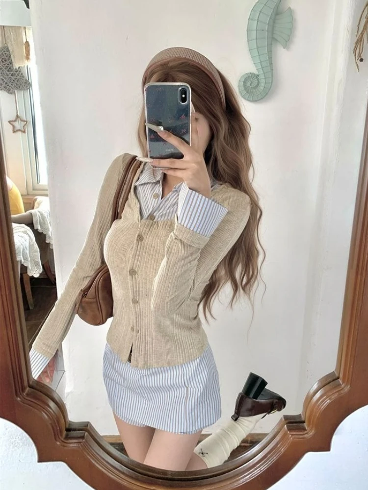 

French Vintage Thin Women Casual Sexy Elegant Slim Bodycon Office Lady Y2k Crop Tops Two Piece Set Korean Fashion Autumn Outfits