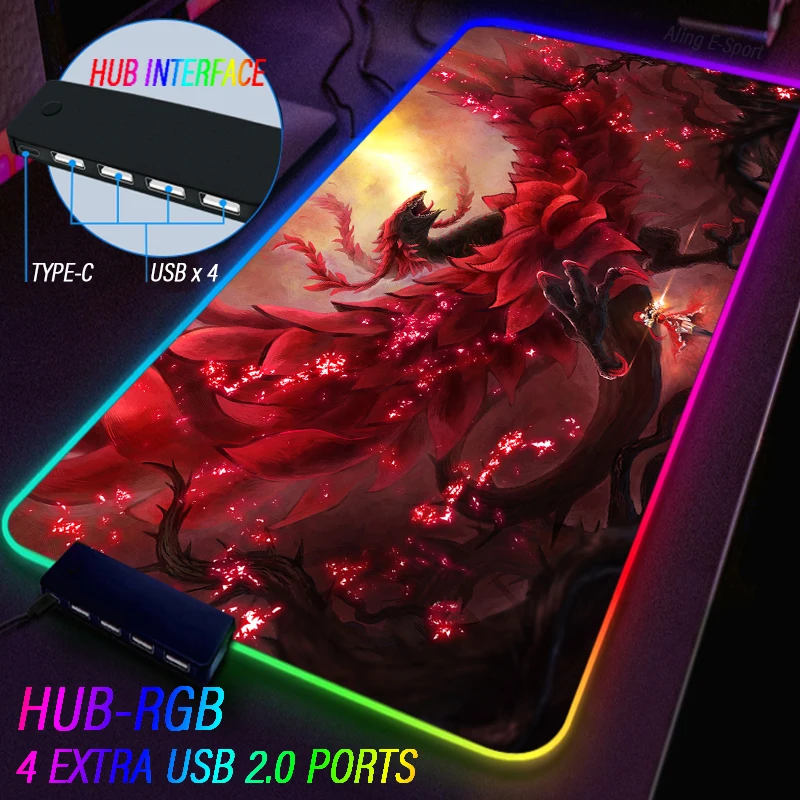 Card Of God Luminous Mouse Pad RGB Type C HUB Gaming Keyboard Carpet Custom Blue-Eyes White Dragon Wrist Tablemat