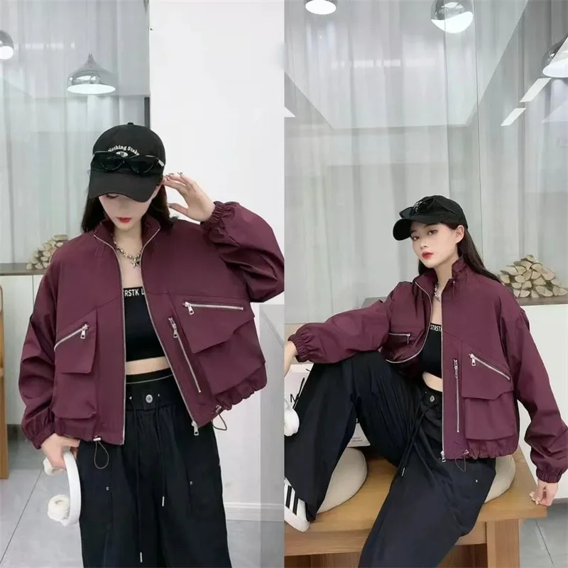 Wiosna Jesień Moda Damska Krótka Kurtka 2025 Nowa Damska Jednolita Luźna Kurtka Koreańska Damska Wypoczynkowa Odzież Wierzchnia z Długim Rękawem