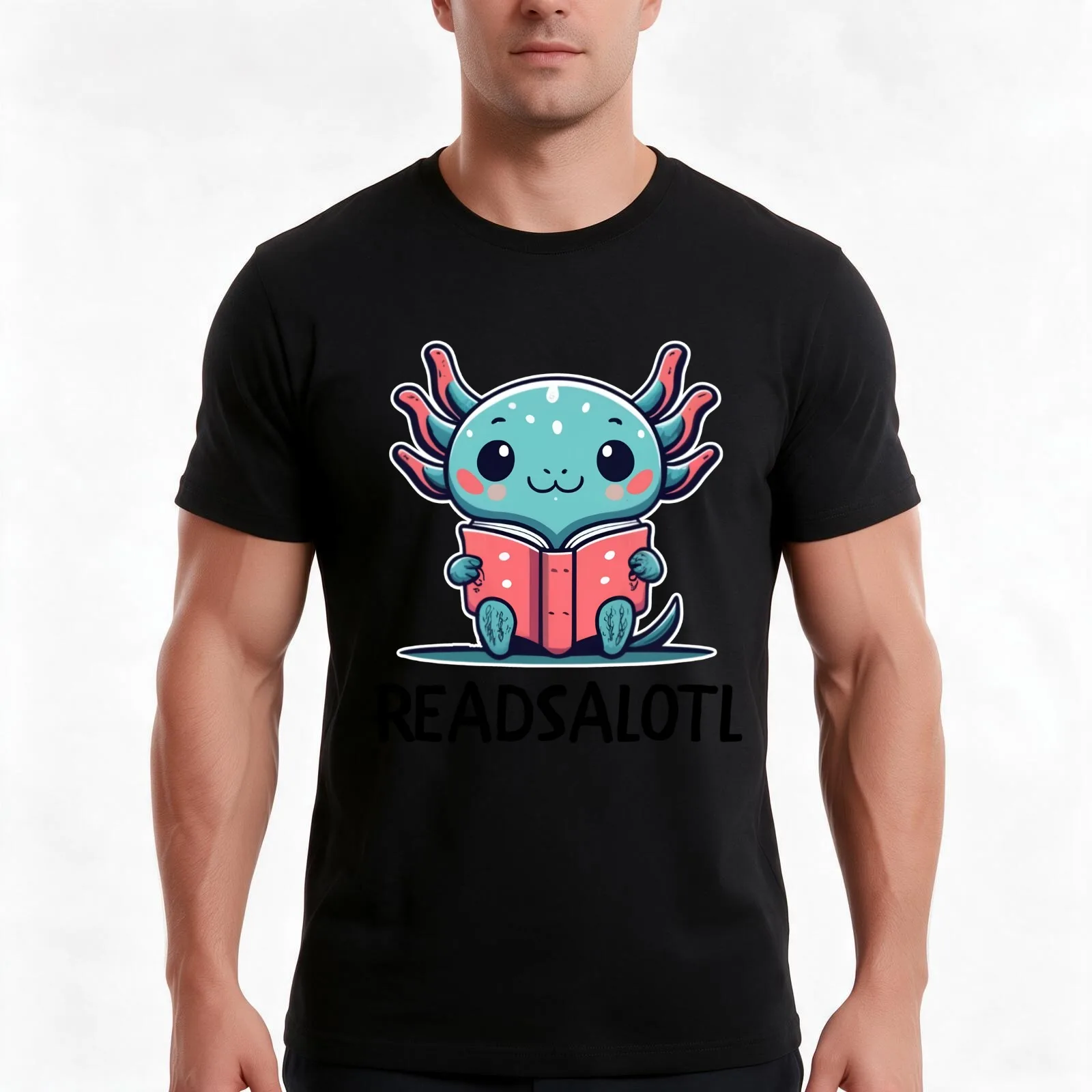 Readsolotl Blue Kawaii Axolotl Book Lover Funny Reading T-Shirt, Summer Casual Cotton Tee, Oversized Streetwear Tops