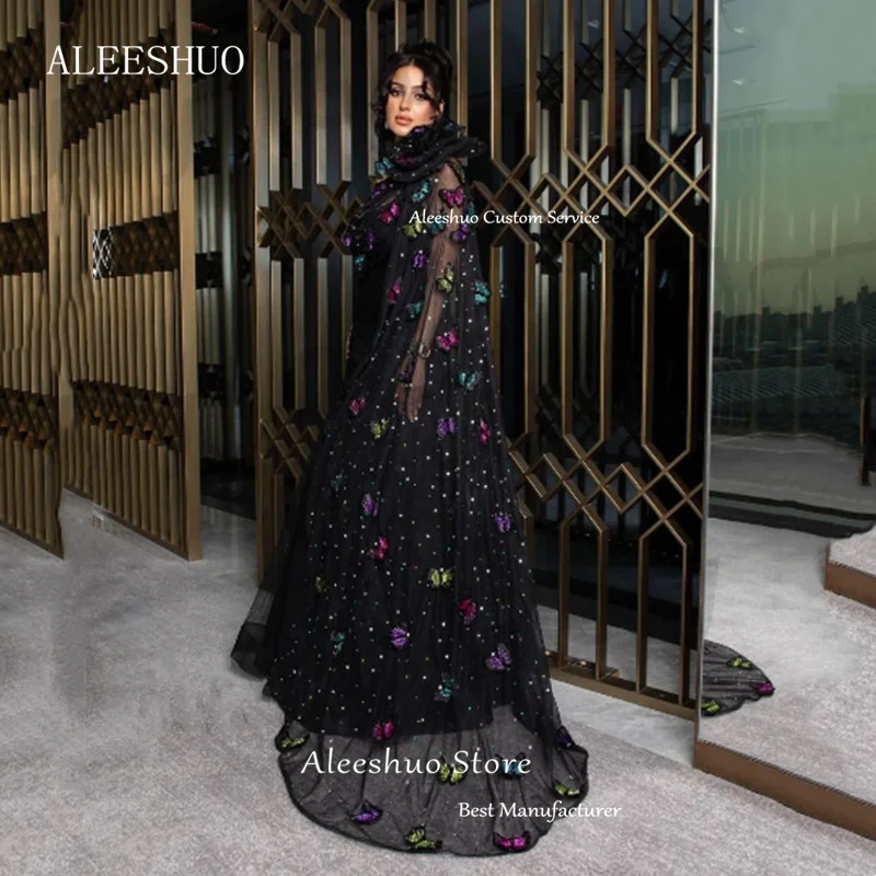 Aleeshuo-vestido De fiesta De sirena negra exquisita, apliques De tul De un hombro, mariposa, Arabia, Dubai, Vestidos De Noche