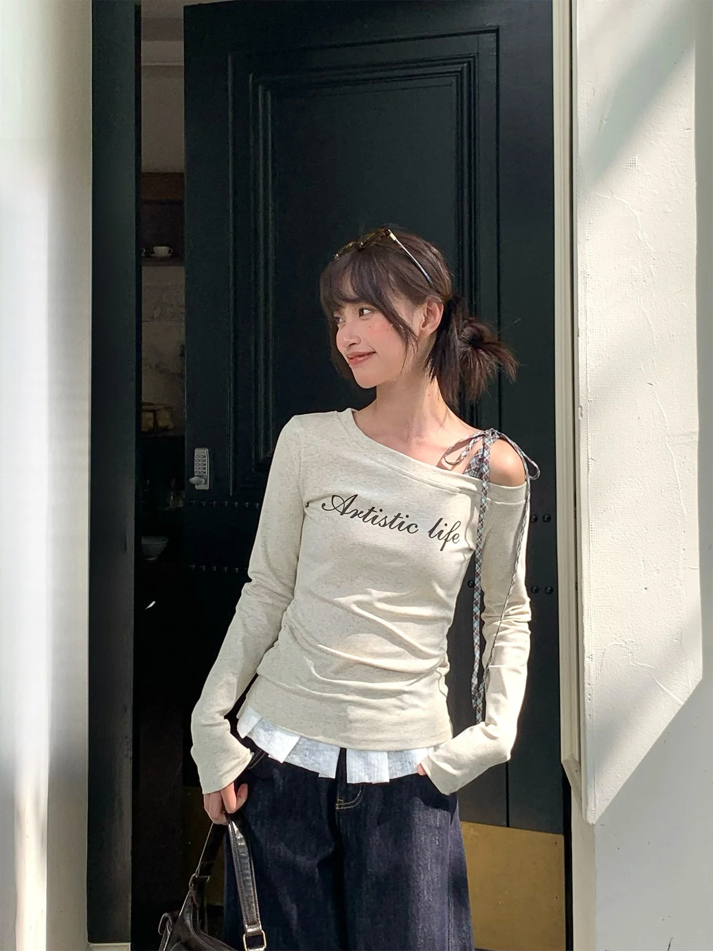 

Early Autumn Women's Slim Fit Long Sve T-irt Knot Flower ey Print oulder Bared Korean Sle Casual Top