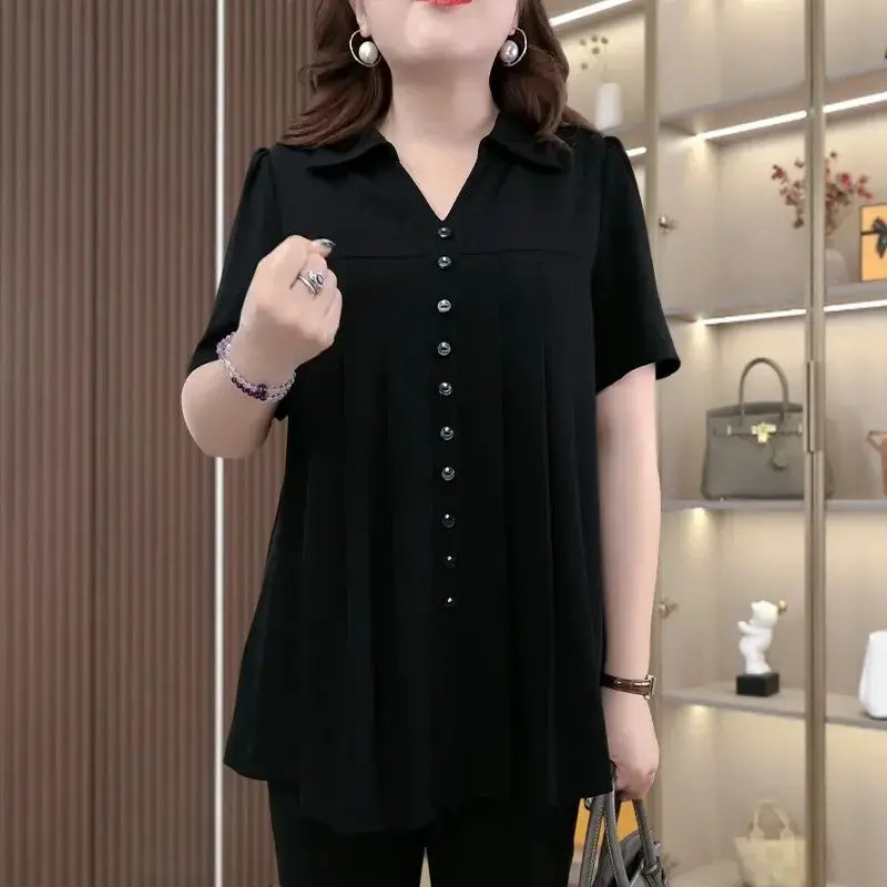 High-End Casual Style Women's Shirt Summer New plus Size Mommy Clothes Slimming Meat Covering Turn-down Collar Fashionable Top