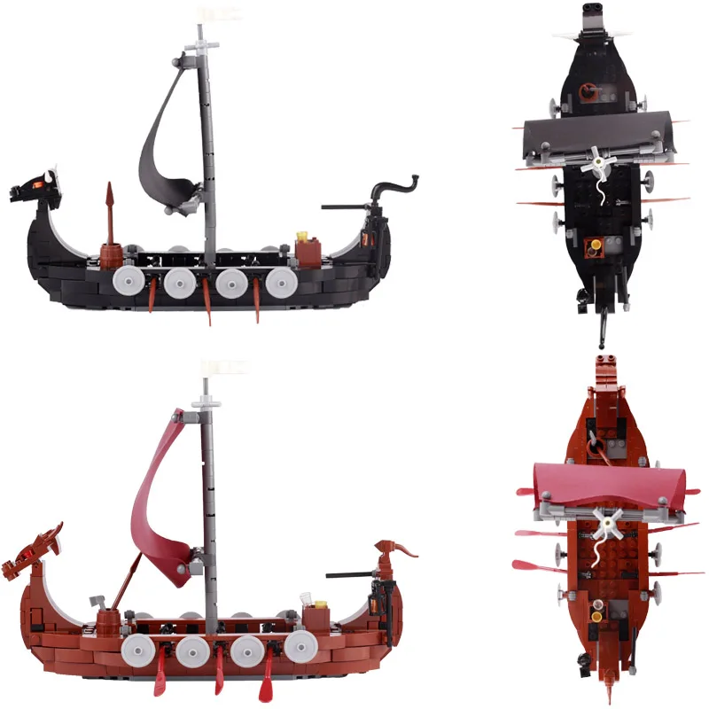 MOC Medieval Military Wars Trireme Battleship Viking Longship Building Blocks Set Sodiers Figures Boat Sailboat Toy For Children